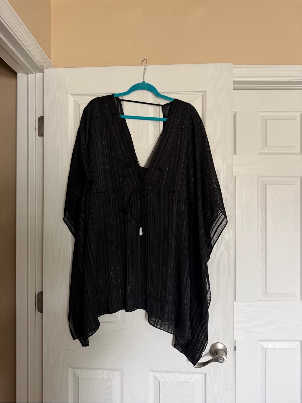 White House Black Market Black Sheer V-Neck Tie-Front Tunic